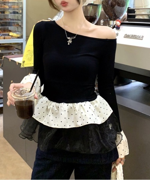 SHEENA(シーナ)の「ドットフリルティアードワンショルトップス(Tシャツ/カットソー・レディース・ライトブルー/ブラック・M)」の14枚目の写真