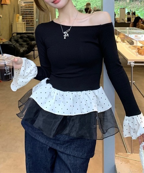 SHEENA(シーナ)の「ドットフリルティアードワンショルトップス(Tシャツ/カットソー・レディース・ライトブルー/ブラック・M)」の16枚目の写真