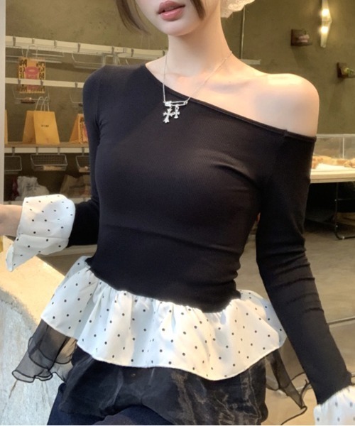 SHEENA(シーナ)の「ドットフリルティアードワンショルトップス(Tシャツ/カットソー・レディース・ライトブルー/ブラック・M)」の17枚目の写真