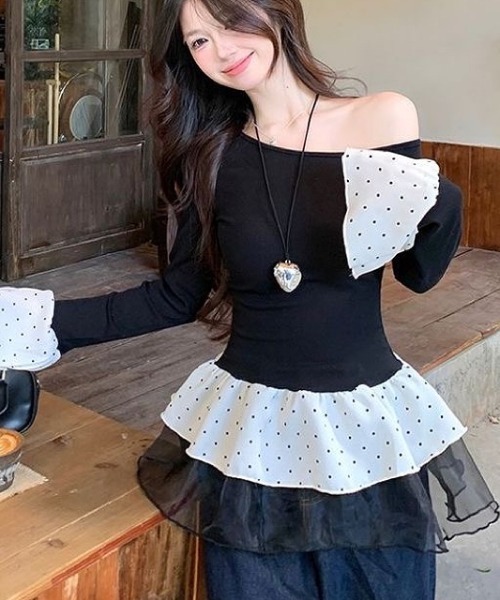 SHEENA(シーナ)の「ドットフリルティアードワンショルトップス(Tシャツ/カットソー・レディース・ライトブルー/ブラック・M)」の19枚目の写真