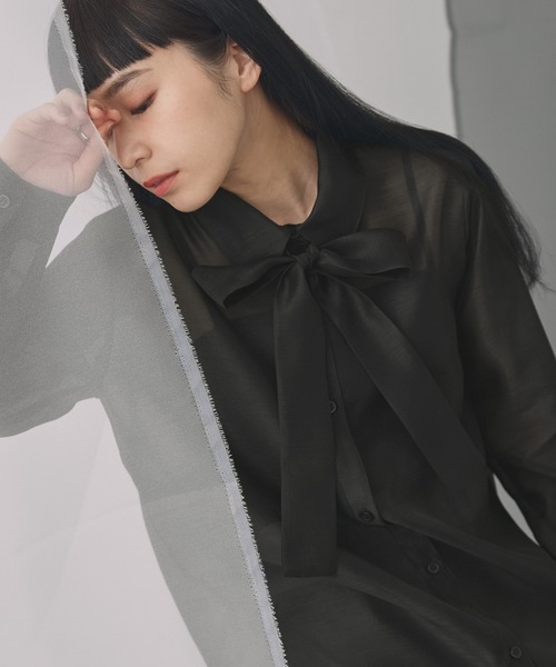 ELUNIS(エルニス)の「シアーボウタイシャツ(シャツ/ブラウス・レディース・グレー/ブラック・FREE)」の3枚目の写真