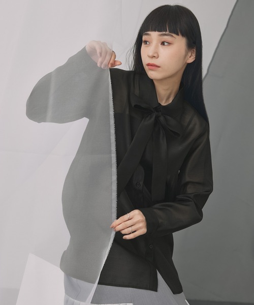 ELUNIS(エルニス)の「シアーボウタイシャツ(シャツ/ブラウス・レディース・グレー/ブラック・FREE)」の5枚目の写真