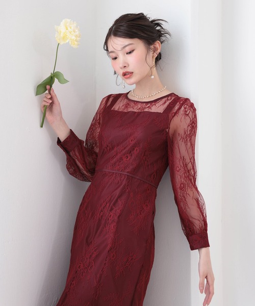 刺繍レース バックデザイン 総レース フレアワンピース ドレス