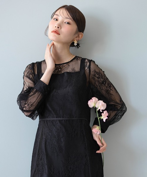 セール】刺繍レース バックデザイン 総レース フレアワンピース ドレス