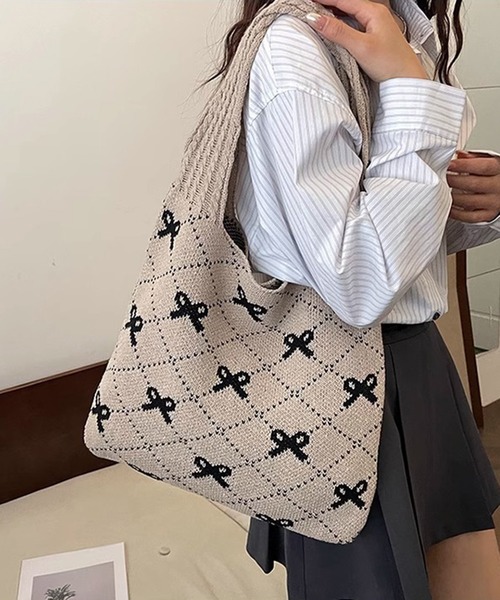 shyam inspiration（シャムインスピレーション）の「リボン柄ニットトートバッグ（トートバッグ・レディース・ブラック/ピンク/ベージュ/アイボリー・FREE）」の3枚目の写真