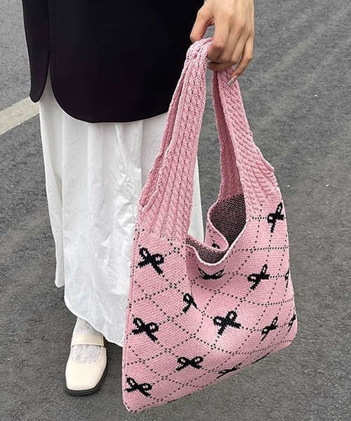 shyam inspiration（シャムインスピレーション）の「リボン柄ニットトートバッグ（トートバッグ・レディース・ブラック/ピンク/ベージュ/アイボリー・FREE）」の18枚目の写真