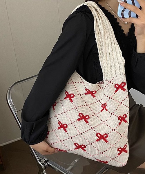 shyam inspiration（シャムインスピレーション）の「リボン柄ニットトートバッグ（トートバッグ・レディース・ブラック/ピンク/ベージュ/アイボリー・FREE）」の22枚目の写真
