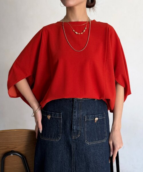 Chez toi（シェトワ）の「梨地ヤッコスリーブプルオーバー（Tシャツ/カットソー・レディース・ブラック/グリーン/レッド/オフホワイト/ネイビー/ブルー・FREE）」の6枚目の写真