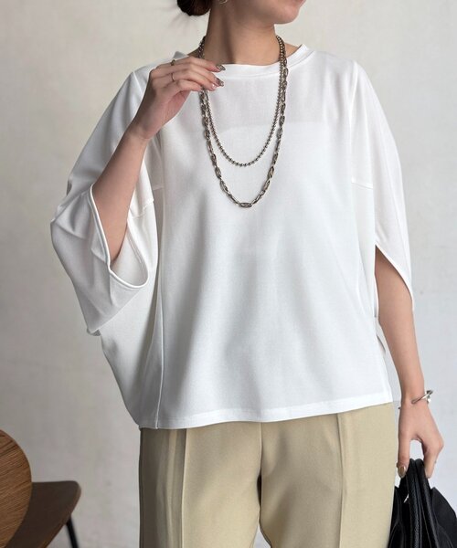 Chez toi（シェトワ）の「梨地ヤッコスリーブプルオーバー（Tシャツ/カットソー・レディース・ブラック/グリーン/レッド/オフホワイト/ネイビー/ブルー・FREE）」の2枚目の写真