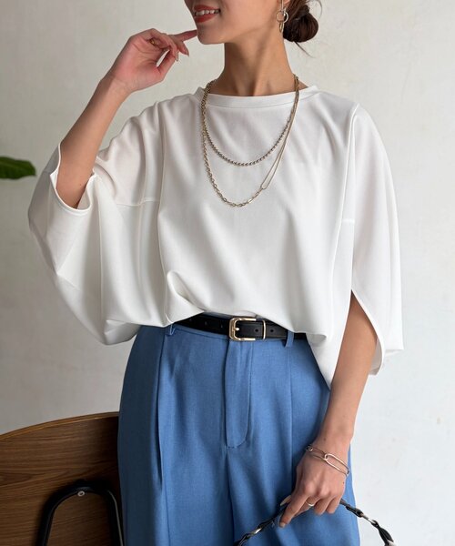 Chez toi(シェトワ)の「【二の腕カバー】【高コスパ高見え】梨地ヤッコスリーブプルオーバー(Tシャツ/カットソー・レディース・ブラック/グリーン/レッド/オフホワイト/ネイビー/ブルー/ブラウン・FREE)」の10枚目の写真
