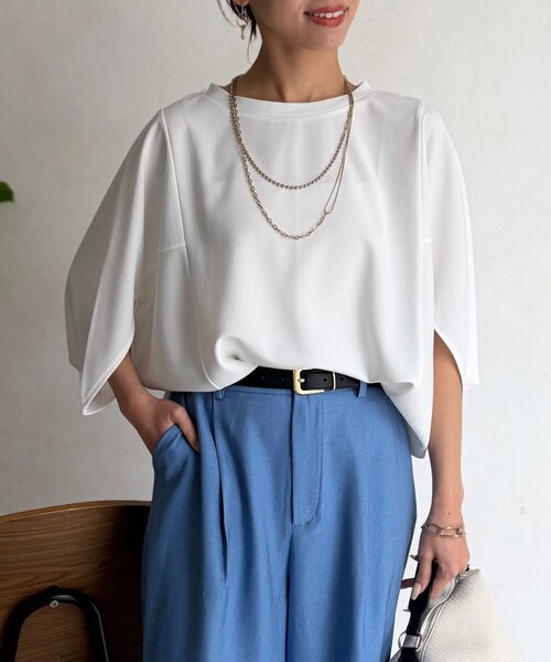 Chez toi(シェトワ)の「【二の腕カバー】【高コスパ高見え】梨地ヤッコスリーブプルオーバー(Tシャツ/カットソー・レディース・ブラック/グリーン/レッド/オフホワイト/ネイビー/ブルー/ブラウン・FREE)」の11枚目の写真
