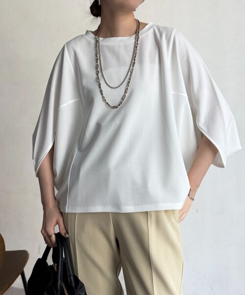 Chez toi(シェトワ)の「【二の腕カバー】【高コスパ高見え】梨地ヤッコスリーブプルオーバー(Tシャツ/カットソー・レディース・ブラック/グリーン/レッド/オフホワイト/ネイビー/ブルー/ブラウン・FREE)」の16枚目の写真