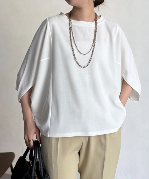 Chez toi(シェトワ)の「【二の腕カバー】【高コスパ高見え】梨地ヤッコスリーブプルオーバー(Tシャツ/カットソー・レディース・ブラック/グリーン/レッド/オフホワイト/ネイビー/ブルー/ブラウン・FREE)」の17枚目の写真