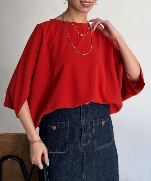 Chez toi（シェトワ）の「梨地ヤッコスリーブプルオーバー（Tシャツ/カットソー・レディース・ブラック/グリーン/レッド/オフホワイト/ネイビー/ブルー・FREE）」の8枚目の写真