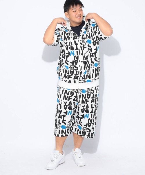 B&T CLUB（ビーティークラブ）の「パーカー 半袖 メンズ 大きいサイズ FAT ANIMALS クジラ総柄 フルジップ B＆T CLUB (ビーアンドティークラブ)（パーカー・メンズ・ブラック/ホワイト・X4(8L～9L)/X3(6L～7L)/X2(4L～5L)/X1(3L～4L)）」の5枚目の写真
