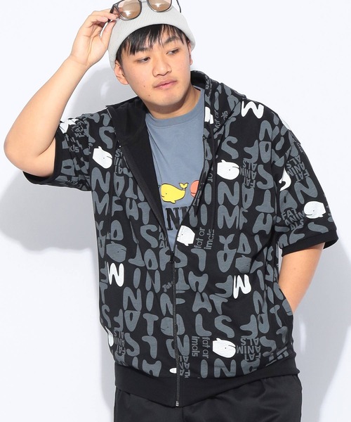 B&T CLUB（ビーティークラブ）の「パーカー 半袖 メンズ 大きいサイズ FAT ANIMALS クジラ総柄 フルジップ B＆T CLUB (ビーアンドティークラブ)（パーカー・メンズ・ブラック/ホワイト・X4(8L～9L)/X3(6L～7L)/X2(4L～5L)/X1(3L～4L)）」の14枚目の写真
