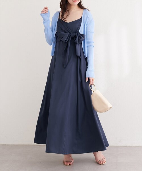 natural couture(ナチュラルクチュール)の「〈osono〉アシメカシュクールリボンキャミワンピース(ワンピース・レディース・ネイビー/ミント/ブラック/アイボリー・MEDIUM/LARGE)」の4枚目の写真