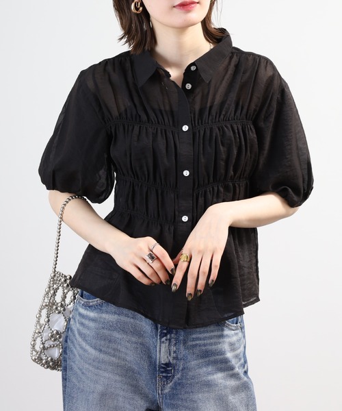 A.N.L(エーエヌエル レーベル)の「A.N.L シャーリングシアーブラウス 半端袖(シャツ/ブラウス・レディース・ブラック/ベージュ/カーキ・38)」の1枚目の写真