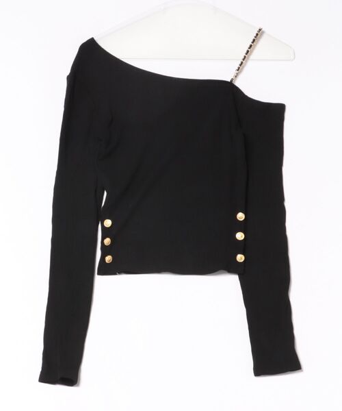 Jasmine Grandiflorum(ジャスミングランディフローラム)の「【Jasmine】アシメチェーンワンショルトップス(Tシャツ/カットソー・レディース・ベージュ/ブラック・FREE)」の4枚目の写真