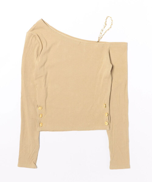 Jasmine Grandiflorum(ジャスミングランディフローラム)の「【Jasmine】アシメチェーンワンショルトップス(Tシャツ/カットソー・レディース・ベージュ/ブラック・FREE)」の5枚目の写真