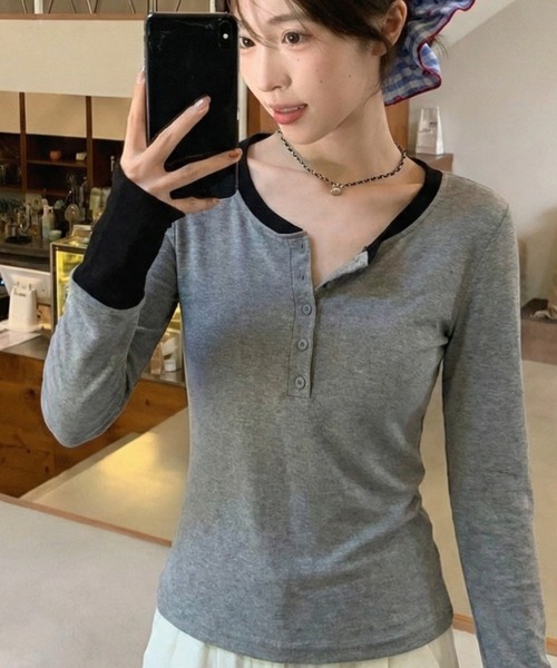 somnium(ソムニウム)の「ヘンリーネックリブトップス / レディース 長袖 細見えトップス 韓国ファッション(Tシャツ/カットソー・レディース・ライトグレー/グレー/ブラック・FREE)」の5枚目の写真