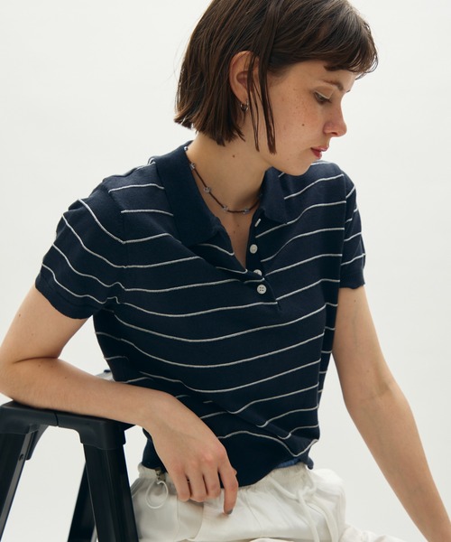full/fill.(フルフィル)の「thin border polo tops / 細ボーダーポロトップス(ポロシャツ・レディース・グレー/ネイビー・FREE)」の1枚目の写真