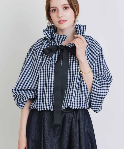 PICCIN(ピッチン)の「ザビエルギンガムチェックブラウス(シャツ/ブラウス・レディース・ブラック/ネイビー・M)」の3枚目の写真
