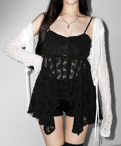 me+em select（ミームセレクト）の「【 ２color 】フロントリボンレースフレアキャミチュニック ／ front ribbon lace flare camisole tunic（キャミソール・レディース・ホワイト/ブラック・FREE）」の9枚目の写真