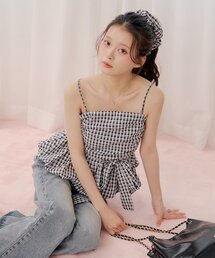 Chico | 【セットアイテム】ギンガムバルーンペプラムトップス+シュシュセット(シャツ/ブラウス)