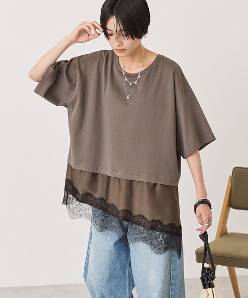 AMERICAN HOLIC(アメリカンホリック)の「レースドッキングTシャツ(Tシャツ/カットソー・レディース・ブラック/チャコールグレー/オフホワイト/マルチ・FREE)」の7枚目の写真