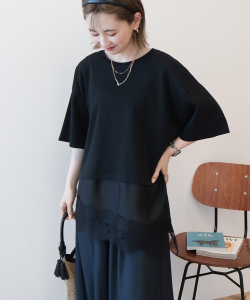 AMERICAN HOLIC(アメリカンホリック)の「レースドッキングTシャツ(Tシャツ/カットソー・レディース・ブラック/チャコールグレー/オフホワイト/マルチ・FREE)」の2枚目の写真