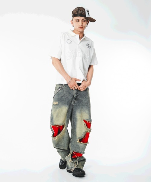 SHORT ROUND(ショートラウンド)の「SHORT ROUND/【26年春夏新作】ジャージレイヤードダメージデニムパンツ(デニムパンツ・メンズ・コバルトブルー・MEDIUM/LARGE)」の2枚目の写真