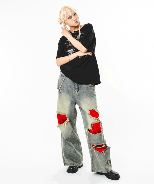 SHORT ROUND(ショートラウンド)の「SHORT ROUND/【26年春夏新作】ジャージレイヤードダメージデニムパンツ(デニムパンツ・メンズ・コバルトブルー・MEDIUM/LARGE)」の3枚目の写真