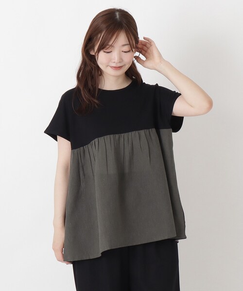 one'sterrace（ワンズテラス）の「異素材 ドッキングプルオーバー（Tシャツ/カットソー・レディース・その他/ネイビー系5/ホワイト系9/ブラック系8・02）」の2枚目の写真