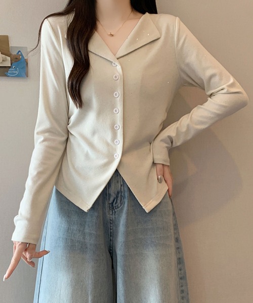 2ly2(トゥーリートゥー)の「Vネック ボタンカーディガントップス(Tシャツ/カットソー・レディース・ネイビー/ボルドー/ベージュ・FREE)」の18枚目の写真