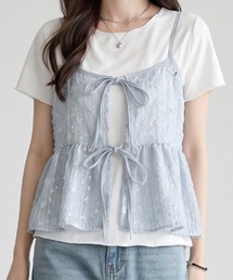 キャミソール セット Tシャツ 2点セット アンサンブル ビスチェ 半袖ジャガード リボン ペペラム レイヤード 重ね着 春夏
