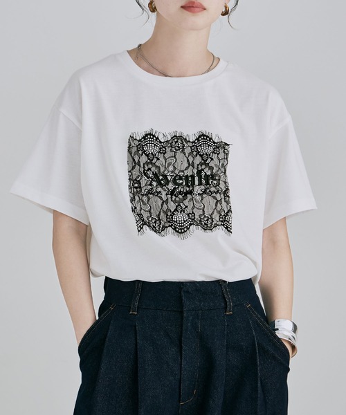 etoll.(エトル)の「UVカット&接触冷感 レースロゴ刺繍Tシャツ(Tシャツ/カットソー・レディース・オフホワイト/ブラック・FREE)」の7枚目の写真