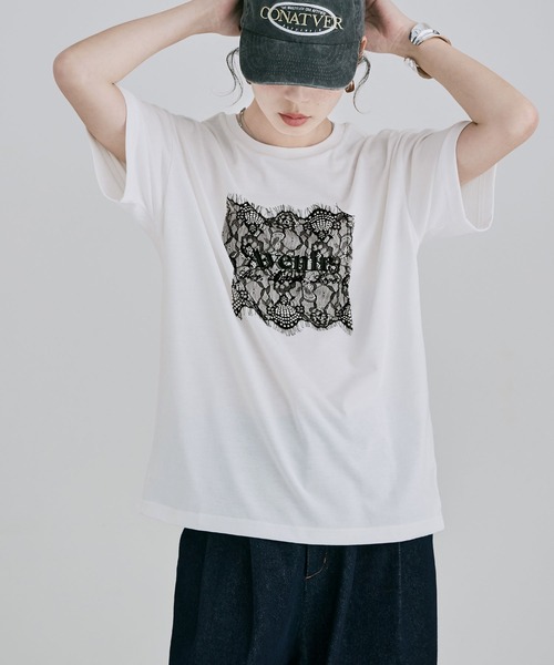 etoll.(エトル)の「UVカット&接触冷感 レースロゴ刺繍Tシャツ(Tシャツ/カットソー・レディース・オフホワイト/ブラック・FREE)」の15枚目の写真