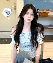 花柄ワンショルダーギャザーショートトップス