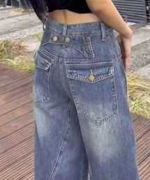 バックデザインデニムワイドパンツ