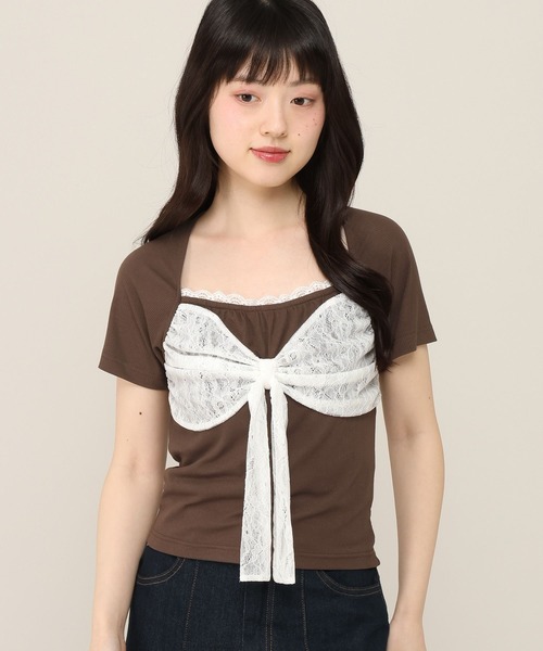 Heather(ヘザー)の「リボンレースカットTEE 1052827(Tシャツ/カットソー・レディース・アイボリー/ピンク/ブラウン・FREE)」の2枚目の写真