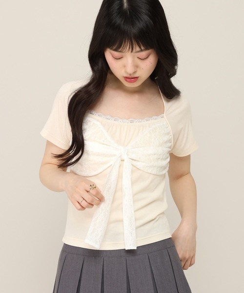 Heather(ヘザー)の「リボンレースカットTEE 1052827(Tシャツ/カットソー・レディース・アイボリー/ピンク/ブラウン・FREE)」の1枚目の写真