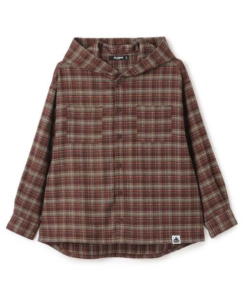 XLARGE KIDS(エクストララージキッズ)の「ドローイングOG チェックフードシャツ(シャツ/ブラウス・キッズ・ブラウン/ネイビー・130cm/120cm/110cm/140cm)」の1枚目の写真