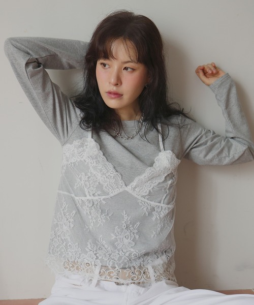 Mili affinity(ミリアフィニティー)の「レースドッキングTシャツ(Tシャツ/カットソー・レディース・杢グレー/オフホワイト/ブラック・FREE)」の3枚目の写真