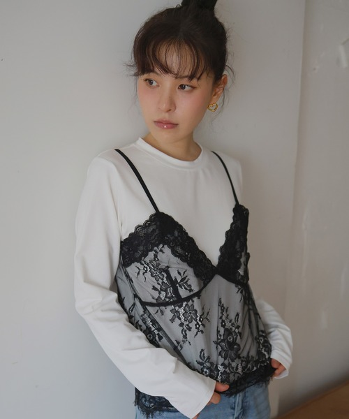 Mili affinity(ミリアフィニティー)の「レースドッキングTシャツ(Tシャツ/カットソー・レディース・杢グレー/オフホワイト/ブラック・FREE)」の1枚目の写真