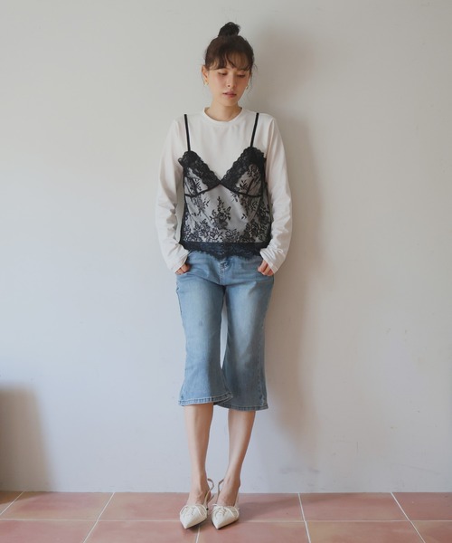 Mili affinity(ミリアフィニティー)の「レースドッキングTシャツ(Tシャツ/カットソー・レディース・杢グレー/オフホワイト/ブラック・FREE)」の5枚目の写真
