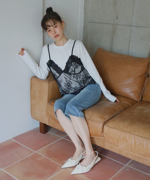 Mili affinity(ミリアフィニティー)の「レースドッキングTシャツ(Tシャツ/カットソー・レディース・杢グレー/オフホワイト/ブラック・FREE)」の6枚目の写真