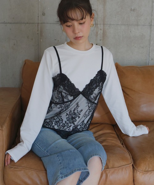Mili affinity(ミリアフィニティー)の「レースドッキングTシャツ(Tシャツ/カットソー・レディース・杢グレー/オフホワイト/ブラック・FREE)」の7枚目の写真