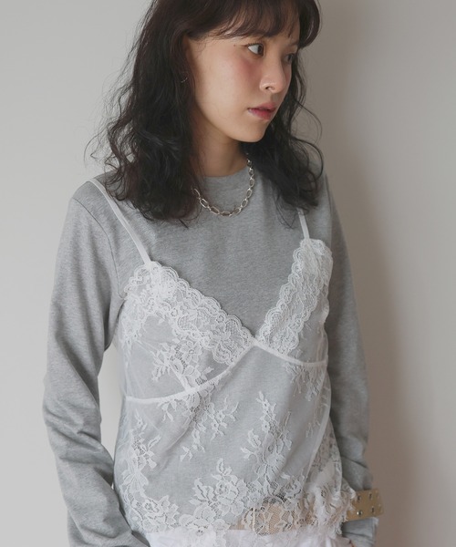 Mili affinity(ミリアフィニティー)の「レースドッキングTシャツ(Tシャツ/カットソー・レディース・杢グレー/オフホワイト/ブラック・FREE)」の10枚目の写真