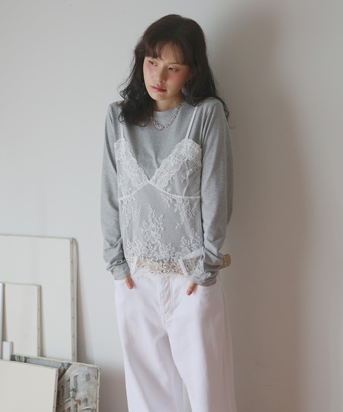 Mili affinity(ミリアフィニティー)の「レースドッキングTシャツ(Tシャツ/カットソー・レディース・杢グレー/オフホワイト/ブラック・FREE)」の12枚目の写真
